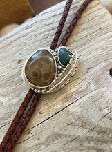 Load image into Gallery viewer, Petoskey Stone/ Leland Blue Feather Bolo Tie
