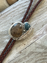 Load image into Gallery viewer, Petoskey Stone/ Leland Blue Feather Bolo Tie
