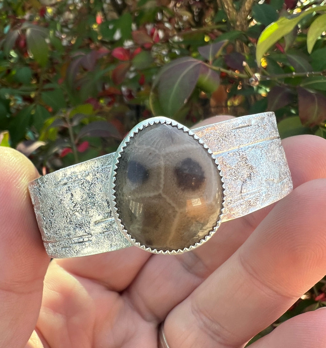 Dark Petoskey Stone Birch Bark Cuff