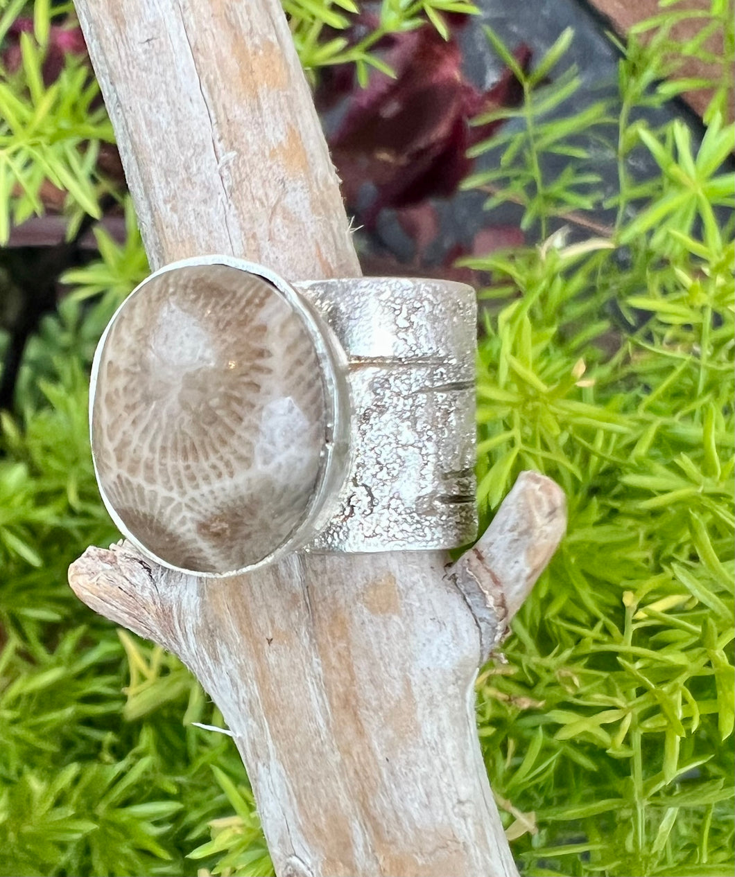 Petoskey Stone Birch Bark Ring