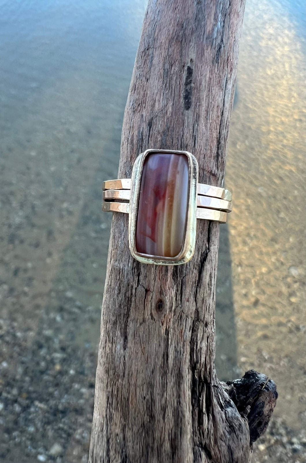 Gold Lake Superior Agate Pebble Stacker Ring- Sz 7