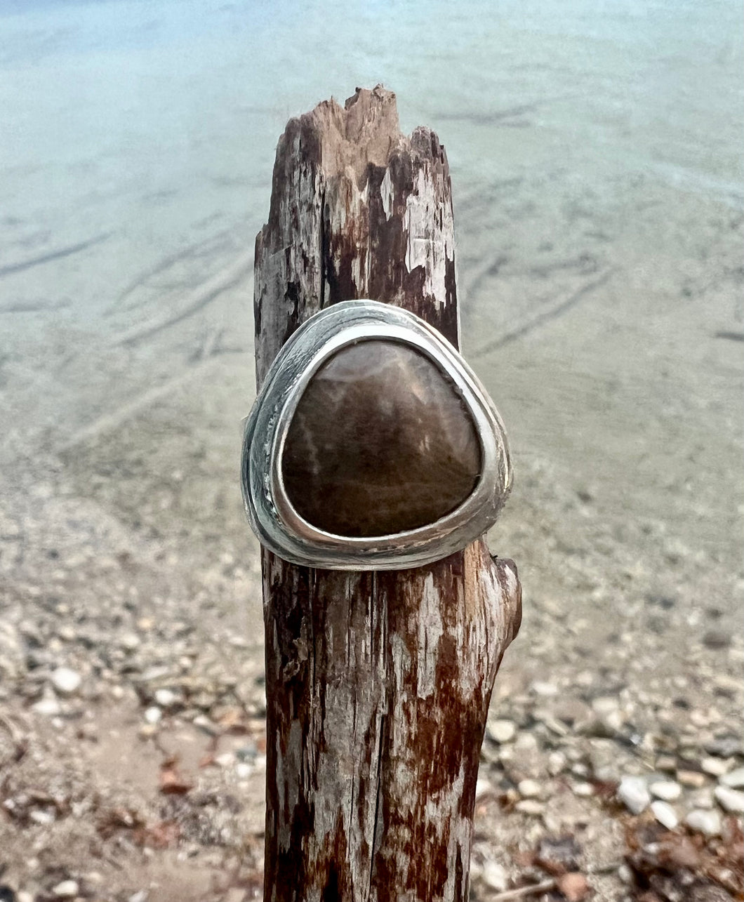 Pyramid Point Hammered Petoskey Stone Ring