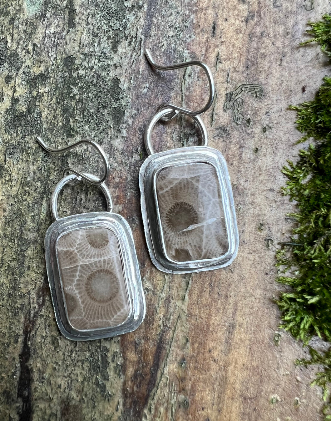 Petoskey Stone Hammered Rectangle Earrings