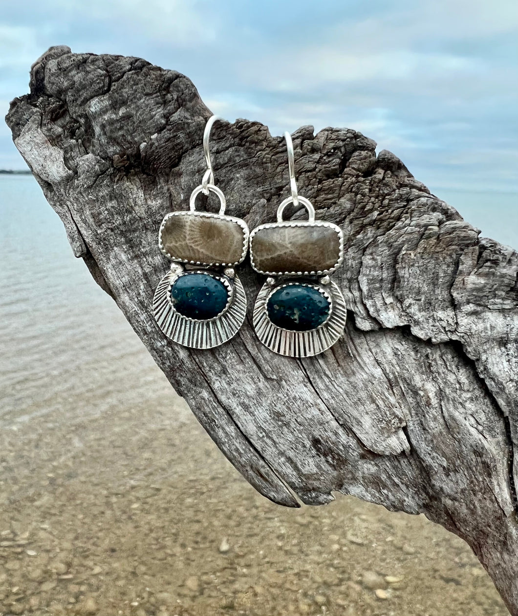 Leland Blue/ Petoskey Stone Fly Fishing Earrings
